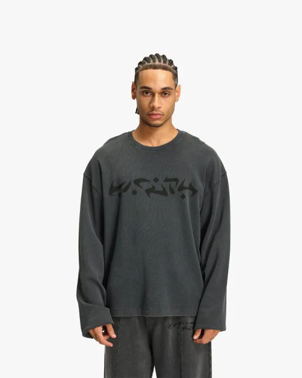 ACID WASHED WAFFLE LONGSLEEVE DARK GREY - T-Shirts - streetwear Avenue Wear