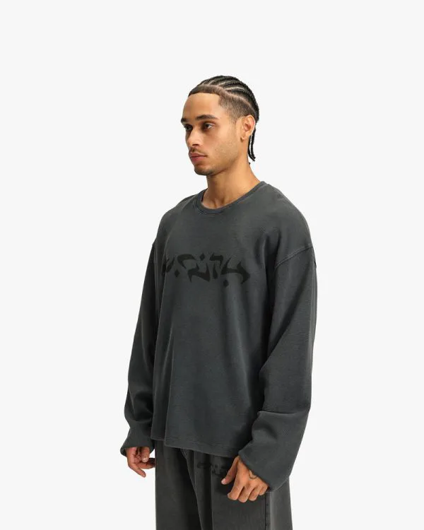 ACID WASHED WAFFLE LONGSLEEVE DARK GREY - T-Shirts - streetwear Avenue Wear