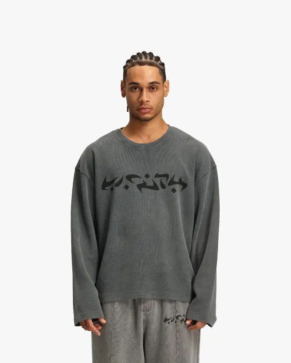 ACID WASHED WAFFLE LONGSLEEVE LIGHT GREY - T-Shirts - streetwear Avenue Wear