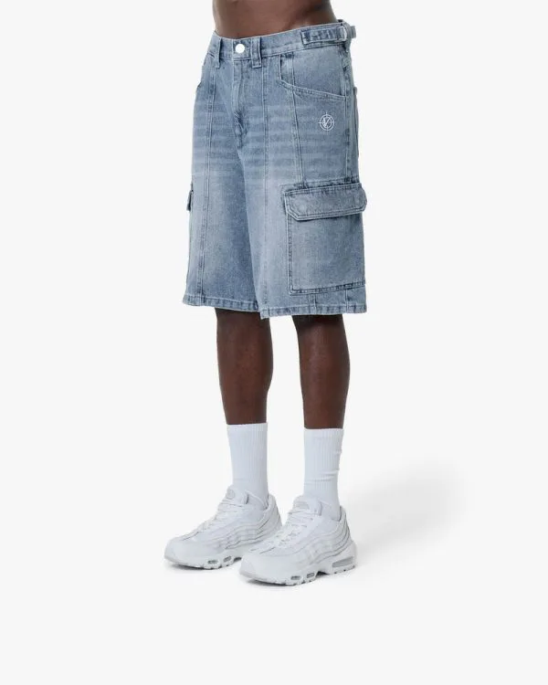 BLUE WASHED DENIM CARGO JORTS - Pantalons & Jorts - streetwear Avenue Wear