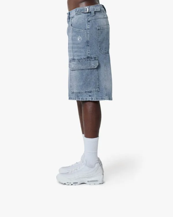 BLUE WASHED DENIM CARGO JORTS - Pantalons & Jorts - streetwear Avenue Wear