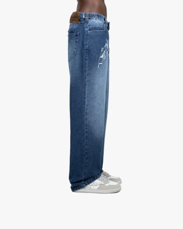 OUTLINED MIRAGE DENIM DARK BLUE / WHITE - Pantalons & Jorts - streetwear Avenue Wear