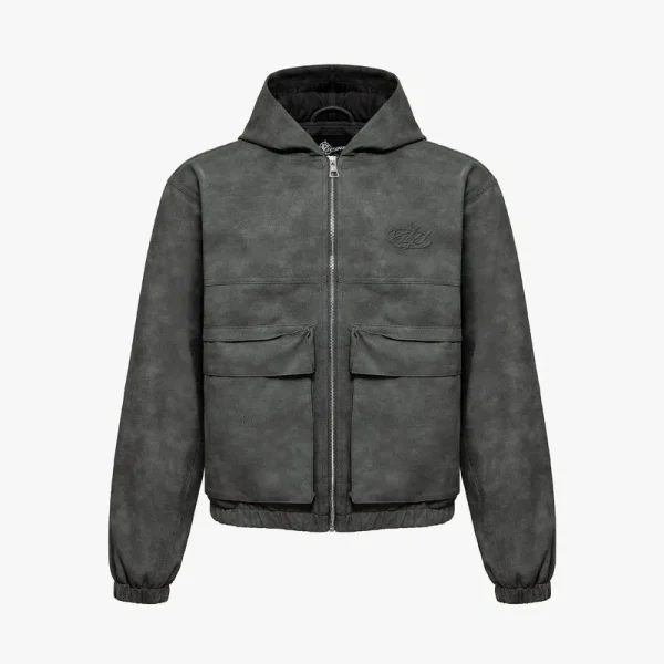 Script logo leather jacket grey - Avenue Wear