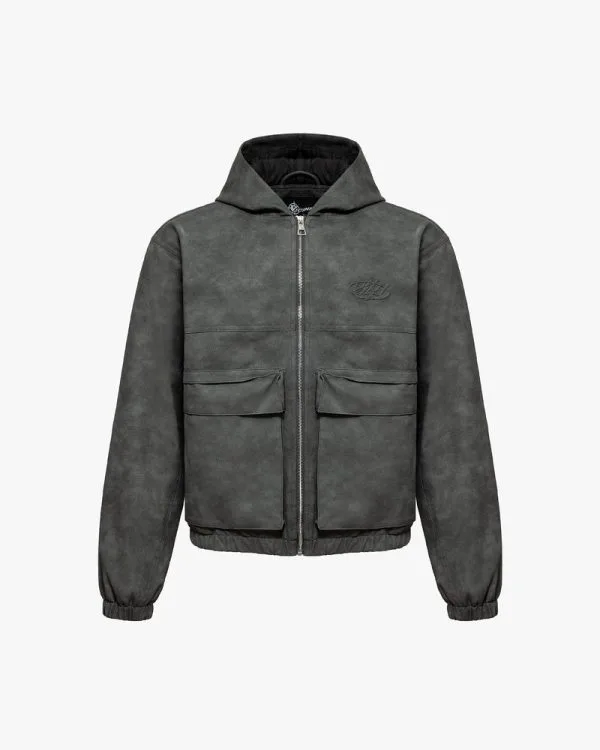 Script logo leather jacket grey - Avenue Wear