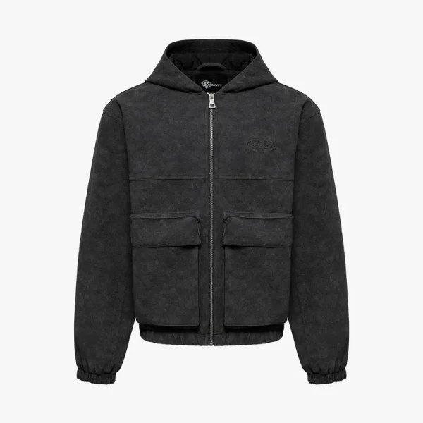 Script logo leather jacket tar black - Avenue Wear