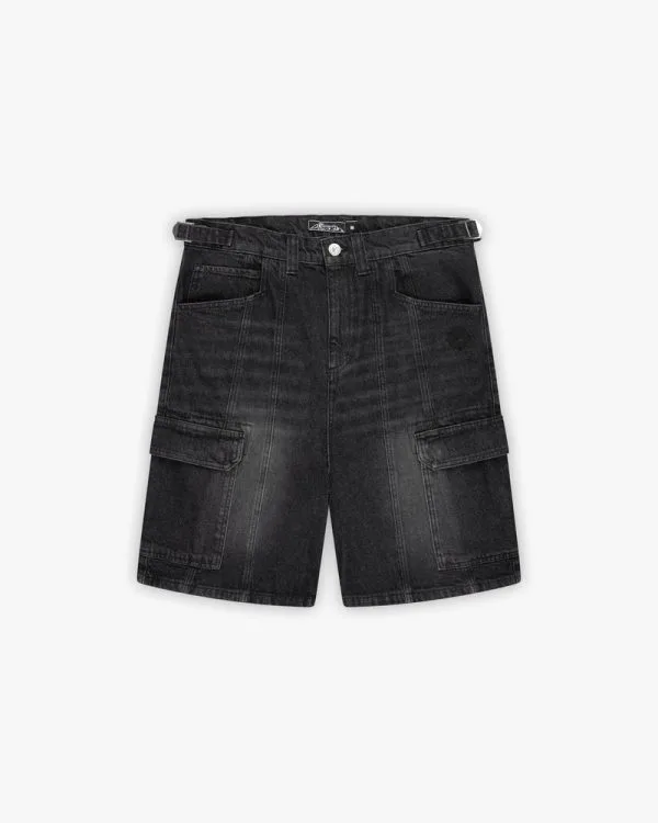Washed black denim cargo jorts - Avenue Wear