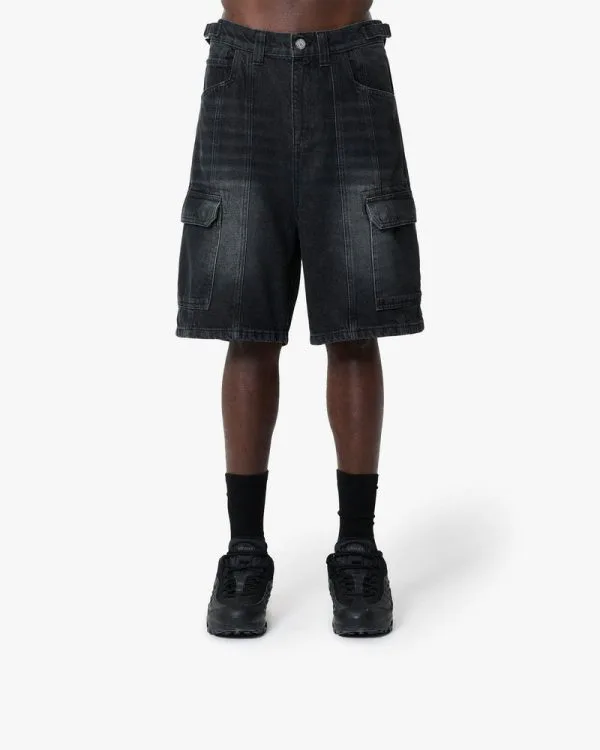 WASHED BLACK DENIM CARGO JORTS - Pantalons & Jorts - streetwear Avenue Wear