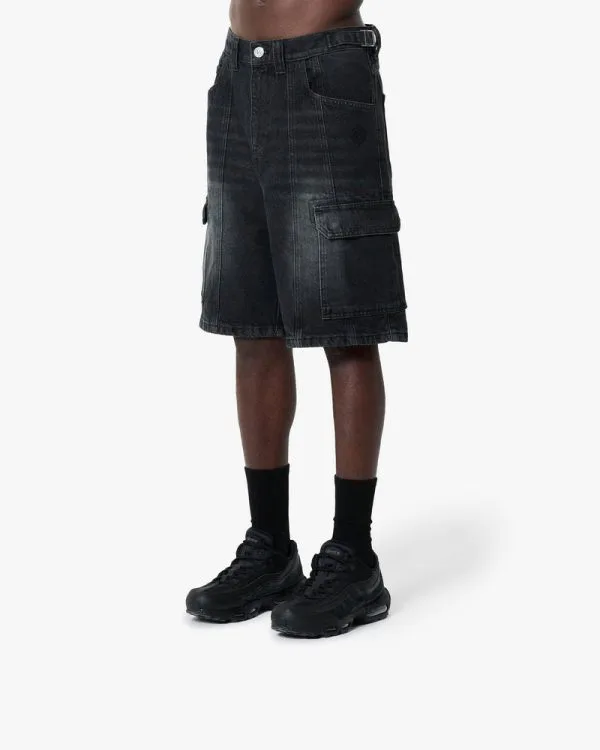 WASHED BLACK DENIM CARGO JORTS - Pantalons & Jorts - streetwear Avenue Wear
