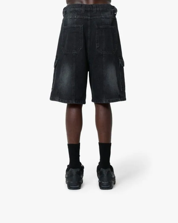 WASHED BLACK DENIM CARGO JORTS - Pantalons & Jorts - streetwear Avenue Wear